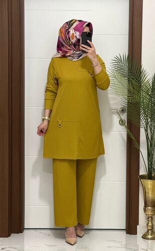 1333K 90 hardal tokalı fitilli burgu kumaş tunik pantolon takım buyuk beden yeni sezon