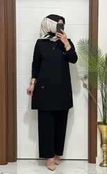 moda sura - 1333 K 90 siyah tokalı fitilli burgu kumaş tunik pantolon takım buyuk beden yeni sezon