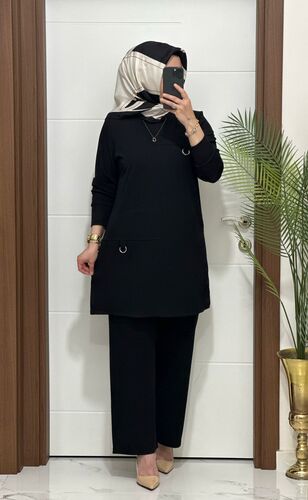 1333 K 90 siyah tokalı fitilli burgu kumaş tunik pantolon takım buyuk beden yeni sezon