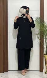 1333 K 90 siyah tokalı fitilli burgu kumaş tunik pantolon takım buyuk beden yeni sezon - Thumbnail