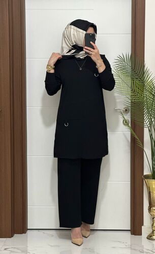 1333 K 90 siyah tokalı fitilli burgu kumaş tunik pantolon takım buyuk beden yeni sezon