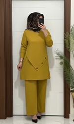 moda sura - 3370 K 90 hardal düğme detay fitilli burgu kumaş tunik pantolon takım buyuk beden yeni sezon