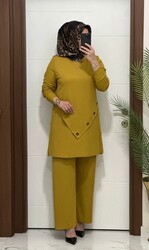 3370 K 90 hardal düğme detay fitilli burgu kumaş tunik pantolon takım buyuk beden yeni sezon - Thumbnail