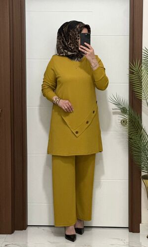 3370 K 90 hardal düğme detay fitilli burgu kumaş tunik pantolon takım buyuk beden yeni sezon