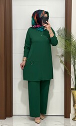 1333 K 90 zümrüt tokalı fitilli burgu kumaş tunik pantolon takım buyuk beden yeni sezon - Thumbnail