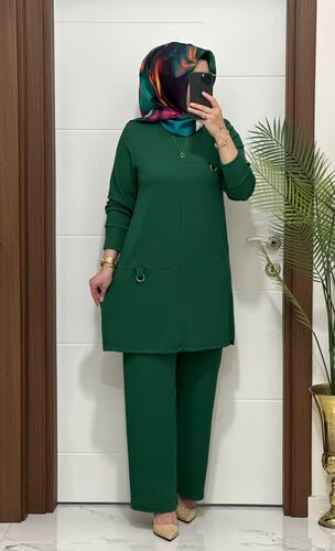 1333 K 90 zümrüt tokalı fitilli burgu kumaş tunik pantolon takım buyuk beden yeni sezon