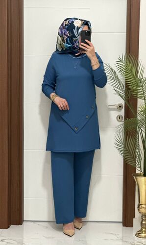 3370 K 90 indigo düğme detay fitilli burgu kumaş tunik pantolon takım buyuk beden yeni sezon