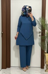 3370 K 90 indigo düğme detay fitilli burgu kumaş tunik pantolon takım buyuk beden yeni sezon - Thumbnail