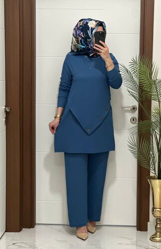 3370 K 90 indigo düğme detay fitilli burgu kumaş tunik pantolon takım buyuk beden yeni sezon