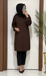 moda sura - 3656 K30 kahverengi renk cep taşlı TUNİK büyük beden yeni sezon