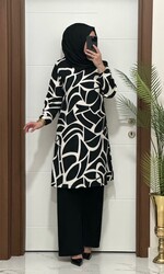 moda sura - 7172 K 60 SİYAH GEOMETRIK DESEN TUNİK PANTOLON TAKIM bürümcük kumaş büyük beden elbise yeni sezon