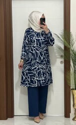 moda sura - 4252 K 60 INDIGO SEÇİL TUNİK PANTOLON TAKIM bürümcük kumaş büyük beden yeni sezon