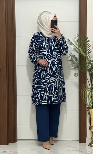4252 K 60 INDIGO SEÇİL TUNİK PANTOLON TAKIM bürümcük kumaş büyük beden yeni sezon
