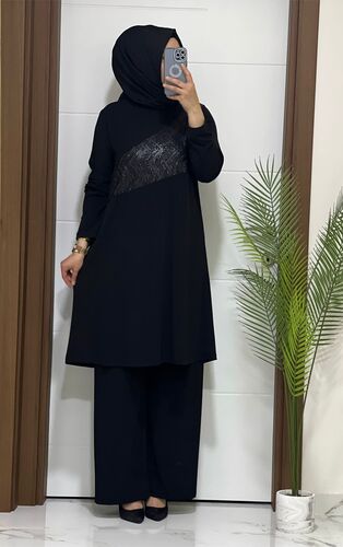 4750 k40 SİYAH gümüş desen tunik pantolon TAKIM