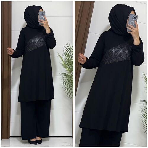 4750 k40 SİYAH gümüş desen tunik pantolon TAKIM
