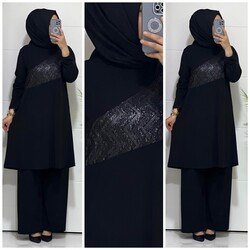 4750 k40 SİYAH gümüş desen tunik pantolon TAKIM - Thumbnail
