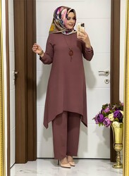 moda sura - 5015 K50 KOLYELİ GÜL KURUSU tunik pantolon TAKIM