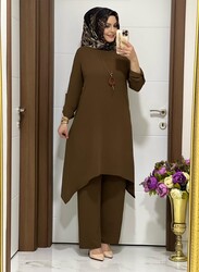 moda sura - 5015 K35 KOLYELİ KAHVE tunik pantolon TAKIM 