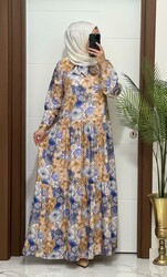 moda sura - 7088 k 170 MAVİ renk FLARLI çiçekli modal kumas elbıse yeni sezon büyük beden