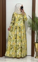 moda sura - 7088k 170 SARI renk FLARLI çiçekli modal kumas elbıse yeni sezon büyük beden