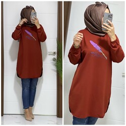 moda sura - 8888 K 25 KİREMİT baskı desenli buyuk beden ıkı ıplık tunık yeni sezon