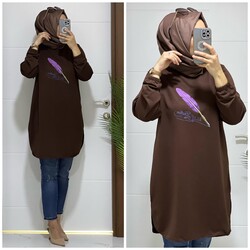 moda sura - 8888 K 25 KAHVE baskı desenli buyuk beden ıkı ıplık tunık yeni sezon