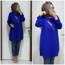 moda sura - 8888 K 25 SAKS MAVİ baskı desenli buyuk beden ıkı ıplık tunık yeni sezon
