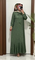 moda sura - 9080 K 80 haki gravat detay seul kumaş büyük beden elbise yeni sezon