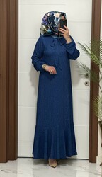 moda sura - 9080 K 80 indigo gravat detay seul kumaş büyük beden elbise yeni sezon