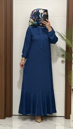 9080 K 80 indigo gravat detay seul kumaş büyük beden elbise yeni sezon