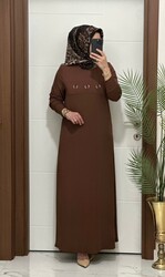 moda sura - 1444 K 80 kahverengi ILAYDA halkalı model fitilli burgu kumaş buyuk beden elbise yeni sezon