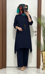 moda sura - 5999 K75 LACİVERT kolyeli tunik pantolon aerobın Kumaş ikili takım buyuk beden yeni sezon