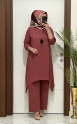 moda sura - 5999 K80 GÜL KURUSU kolyeli tunik pantolon aerobın Kumaş ikili takım buyuk beden yeni sezon