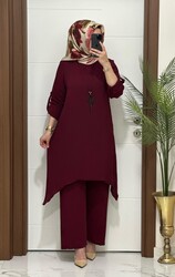 5999 K90 BORDO kolyeli tunik pantolon aerobın Kumaş ikili takım buyuk beden yeni sezon