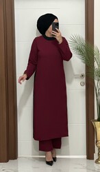 moda sura - 8811 K120 BORDO yanları garnili tunik pantolon aerobın Kumaş ikili takım buyuk beden