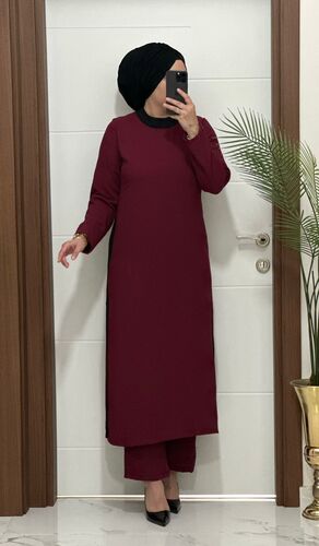 8811 K120 BORDO yanları garnili tunik pantolon aerobın Kumaş ikili takım buyuk beden