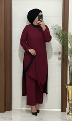 8811 K120 BORDO yanları garnili tunik pantolon aerobın Kumaş ikili takım buyuk beden - Thumbnail