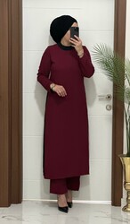 8811 K120 BORDO yanları garnili tunik pantolon aerobın Kumaş ikili takım buyuk beden - Thumbnail