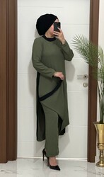 moda sura - 8811 K120 HAKİ garnili tunik pantolon aerobın Kumaş ikili takım buyuk beden