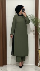 8811 K120 HAKİ garnili tunik pantolon aerobın Kumaş ikili takım buyuk beden - Thumbnail
