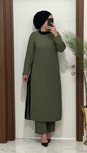 8811 K120 HAKİ garnili tunik pantolon aerobın Kumaş ikili takım buyuk beden