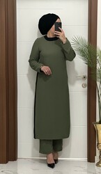 8811 K120 HAKİ garnili tunik pantolon aerobın Kumaş ikili takım buyuk beden - Thumbnail