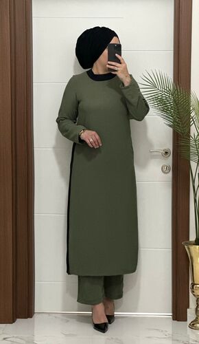 8811 K120 HAKİ garnili tunik pantolon aerobın Kumaş ikili takım buyuk beden