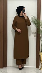 8811 K120 KAHVERENGİ garnili tunik pantolon aerobın Kumaş ikili takım buyuk beden - Thumbnail