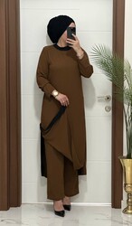 8811 K120 KAHVERENGİ garnili tunik pantolon aerobın Kumaş ikili takım buyuk beden - Thumbnail