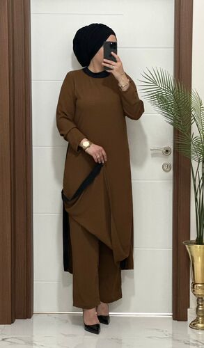 8811 K120 KAHVERENGİ garnili tunik pantolon aerobın Kumaş ikili takım buyuk beden
