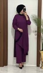 moda sura - 8811 K120 mürdüm garnili tunik pantolon aerobın Kumaş ikili takım buyuk beden