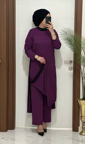 8811 K120 mürdüm garnili tunik pantolon aerobın Kumaş ikili takım buyuk beden