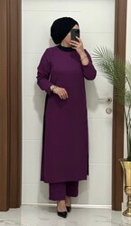 8811 K120 mürdüm garnili tunik pantolon aerobın Kumaş ikili takım buyuk beden - Thumbnail