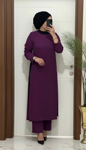 8811 K120 mürdüm garnili tunik pantolon aerobın Kumaş ikili takım buyuk beden